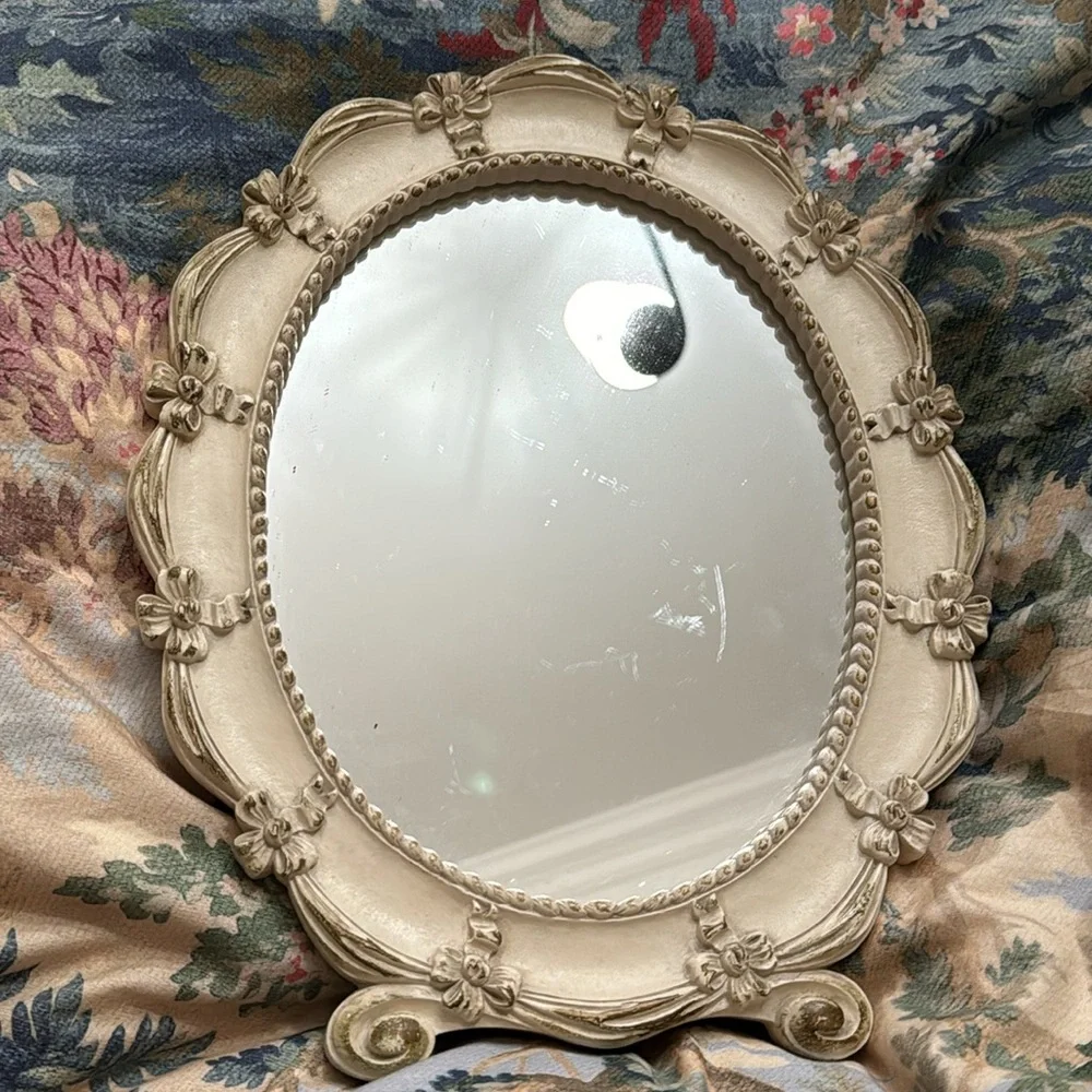 Vintage Syroco Inc Weathered Off White Easel Vanity  Oval Mirrored